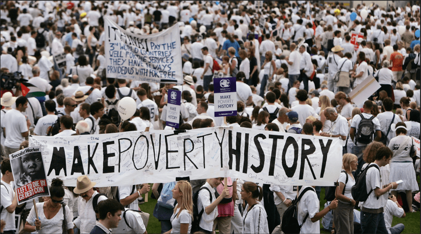Campaigners at the 2005 Make Poverty History rally in Edinburgh called on G8 leaders to address Western-linked causes of poverty in Africa 